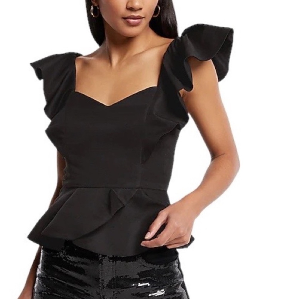 Express Black Ruffled Flutter Sleeve Peplum Blouse